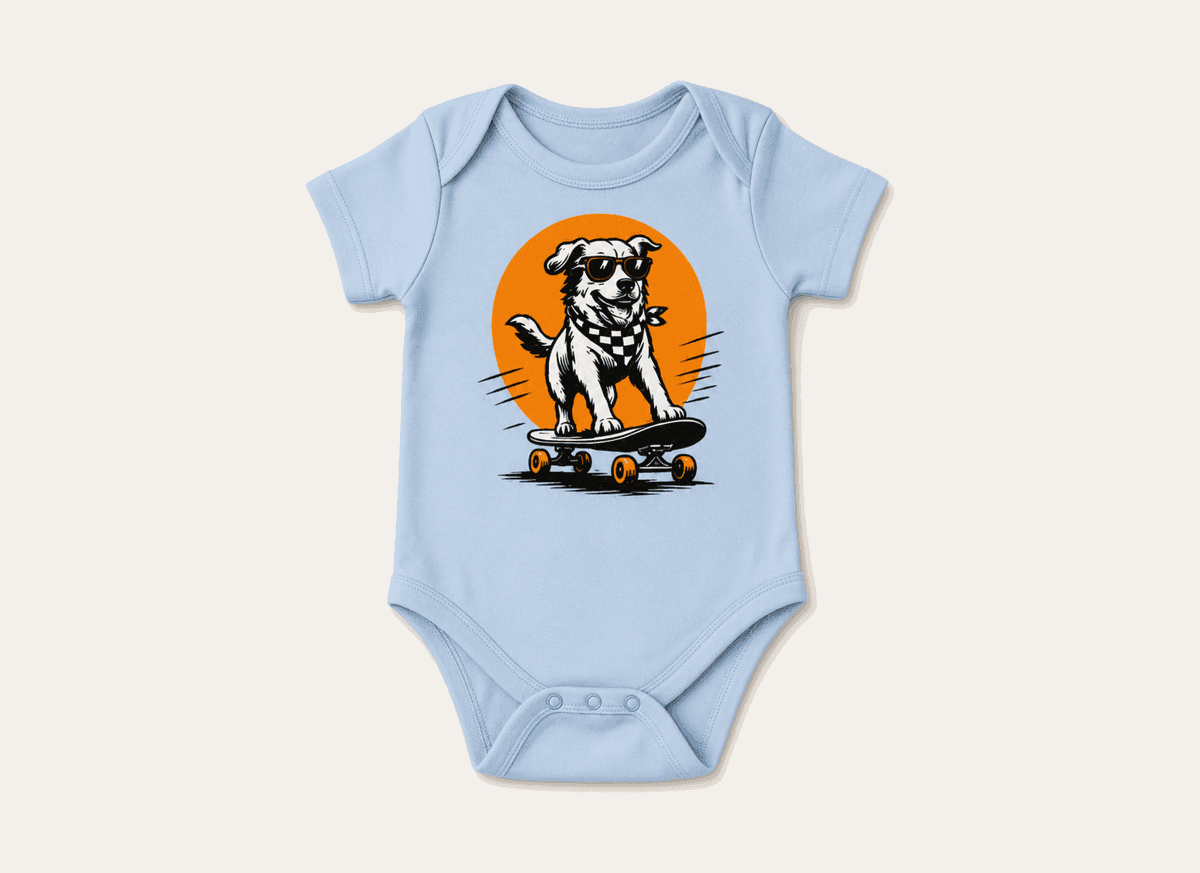 Onesie with matching skateboarding dog artwork