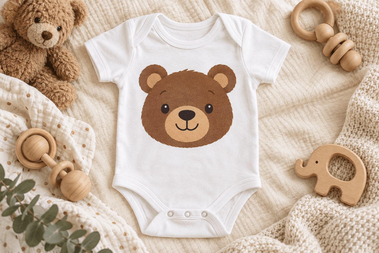 White baby onesie with a bear illustration beside wooden toys