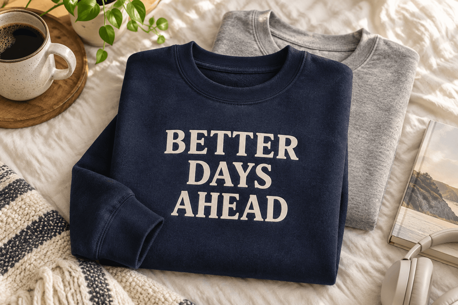Navy sweatshirt with a Better Days Ahead design beside a gray sweatshirt
