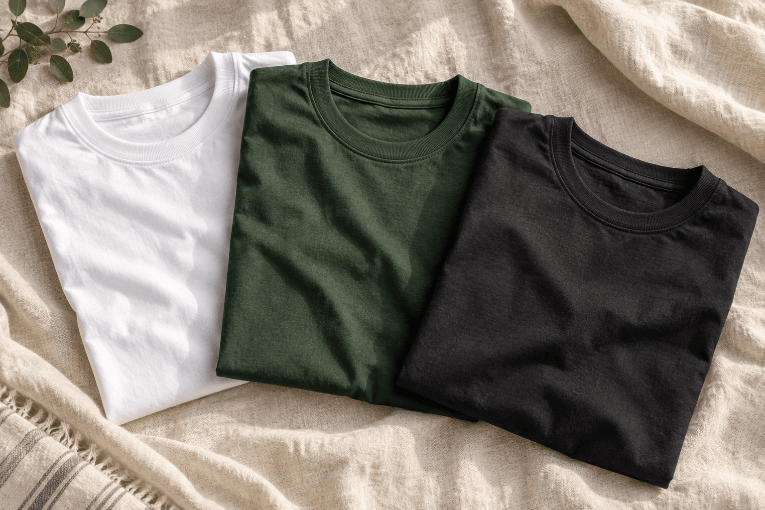 Folded white, forest green, and charcoal t-shirts