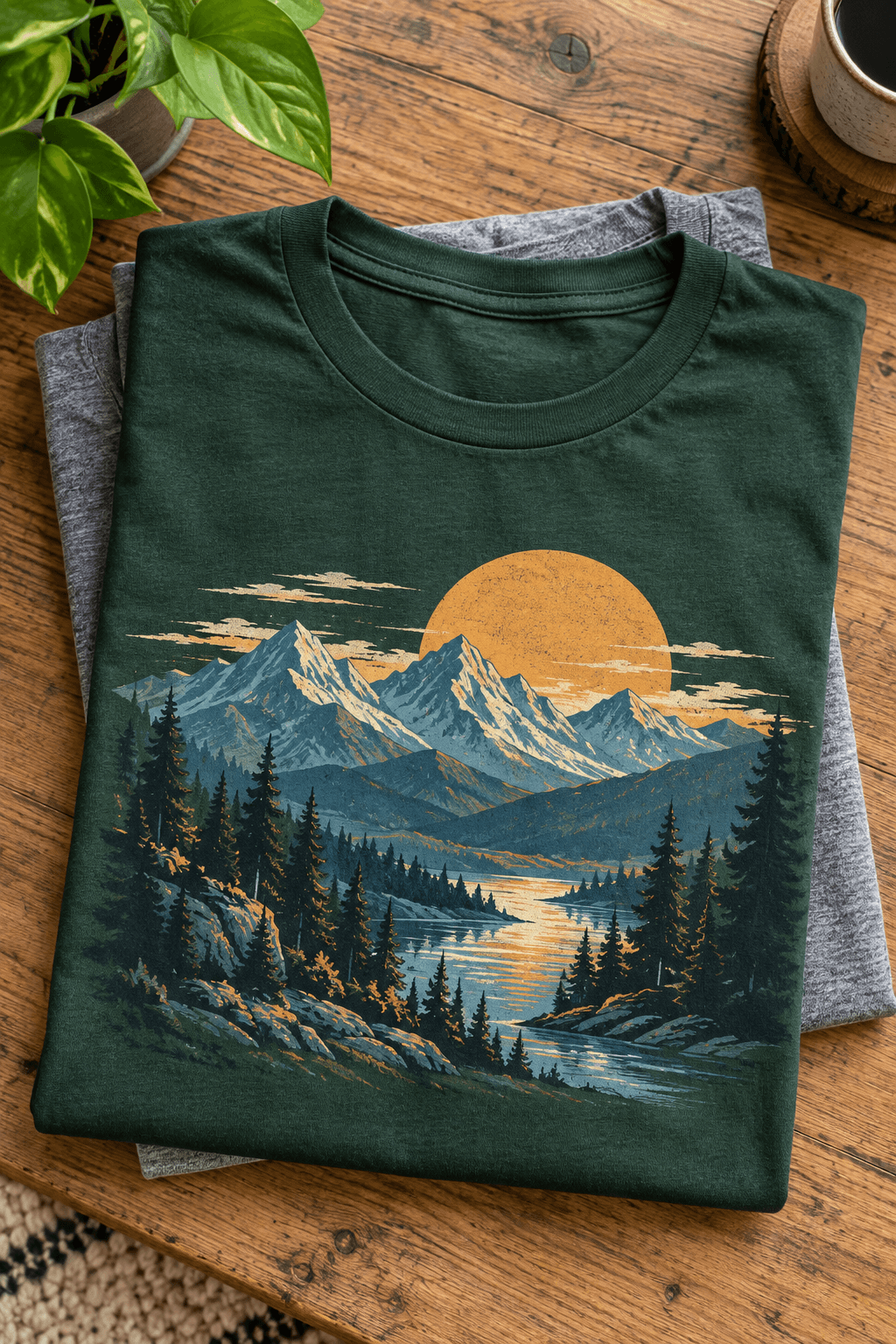 Example of a forest green t-shirt with a mountain sunrise print, folded beside a plant