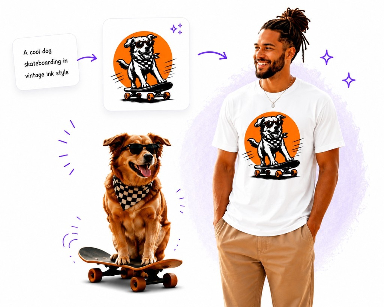 Prompt to skateboard-dog art to a custom AI shirt on a smiling model