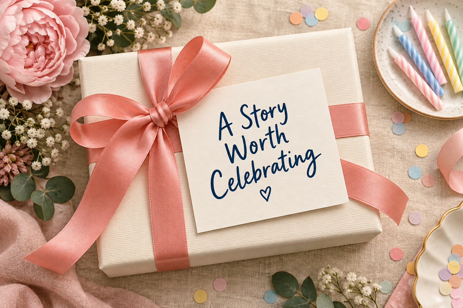 Gift box with a card reading A Story Worth Celebrating, candles, and confetti