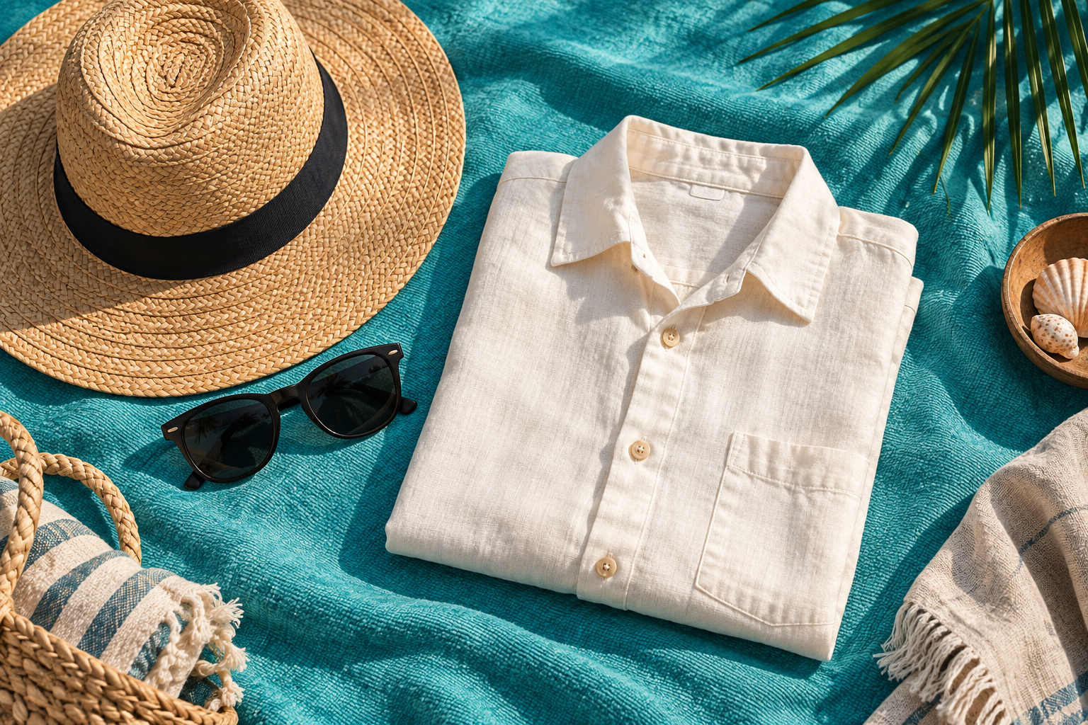 Folded cream shirt with a sunhat and sunglasses on a turquoise surface
