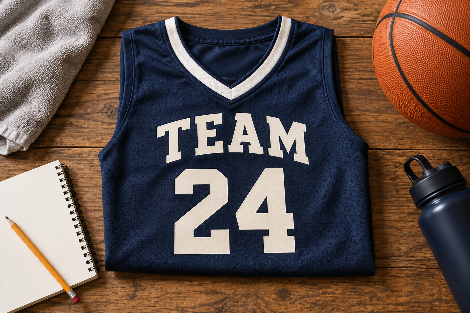 Navy Team 24 shirt beside a basketball